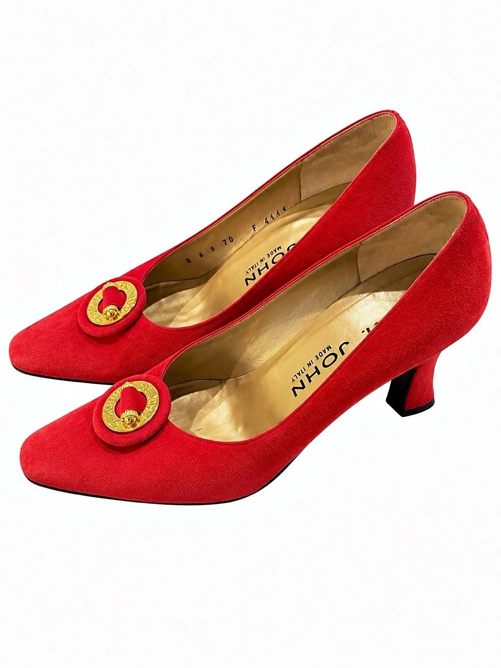 St. John Couture Red Suede Gold Logo Buckle Pumps Size 6 Made in Italy